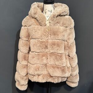 BCBGMaxAzria Cozy Tan Faux Fur Hooded Coat